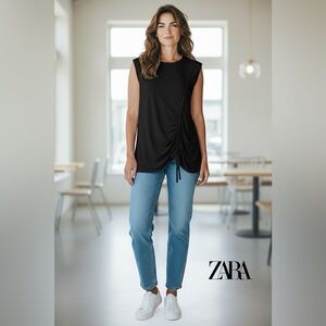 NWOT, ZARA, Fitted Tunic With Ruched Detailing & Laces, Small, Black